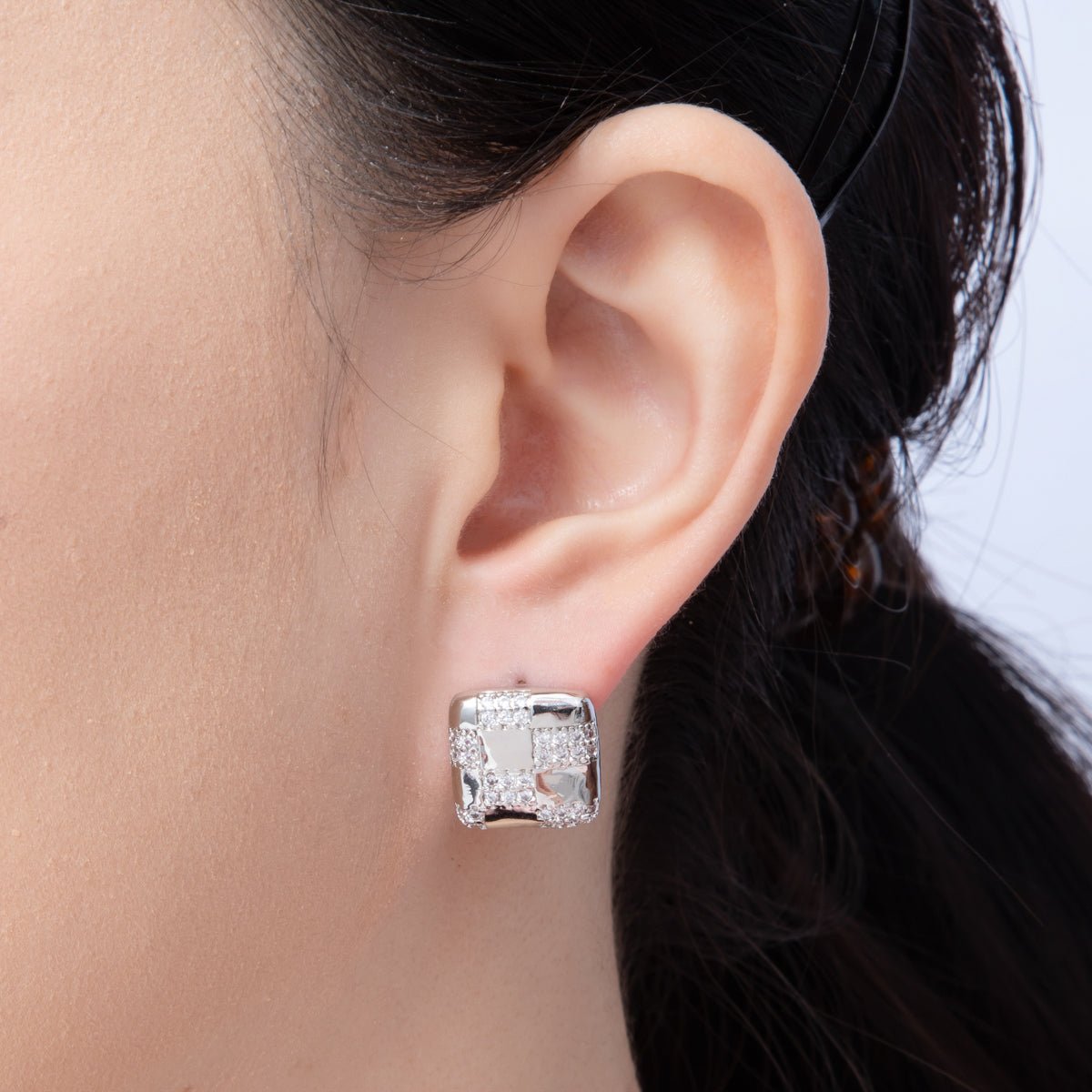 14K Gold Filled 15mm Micro Paved CZ Checkered Square Stud Earrings in Gold & Silver | Earr - 00021 Earr - 00022 - DLUXCA