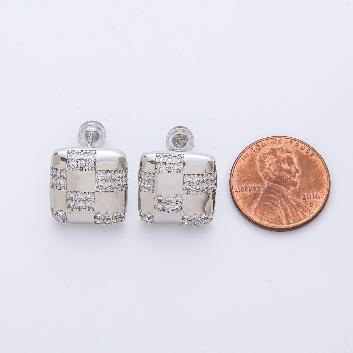 14K Gold Filled 15mm Micro Paved CZ Checkered Square Stud Earrings in Gold & Silver | Earr - 00021 Earr - 00022 - DLUXCA