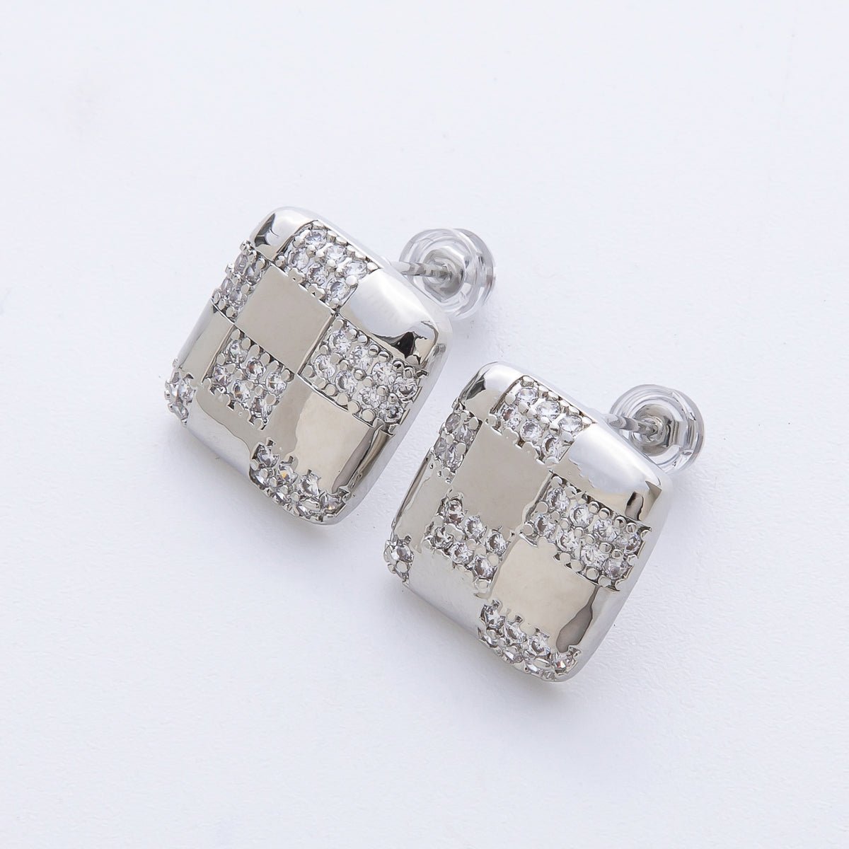 14K Gold Filled 15mm Micro Paved CZ Checkered Square Stud Earrings in Gold & Silver | Earr - 00021 Earr - 00022 - DLUXCA