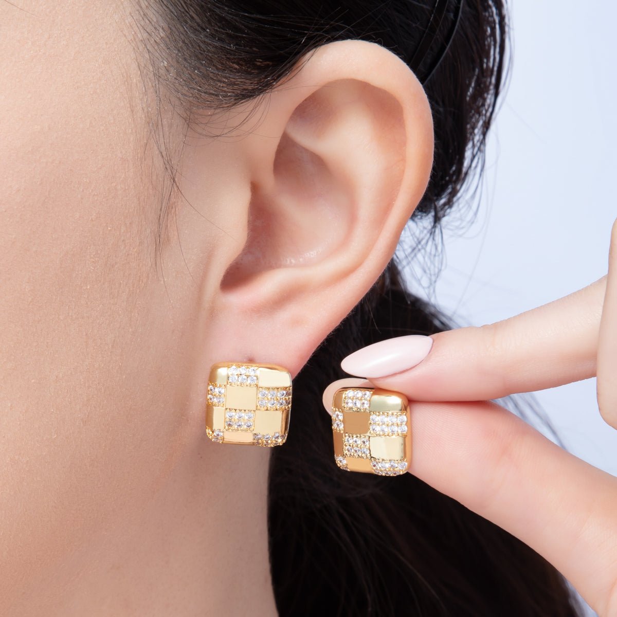 14K Gold Filled 15mm Micro Paved CZ Checkered Square Stud Earrings in Gold & Silver | Earr - 00021 Earr - 00022 - DLUXCA