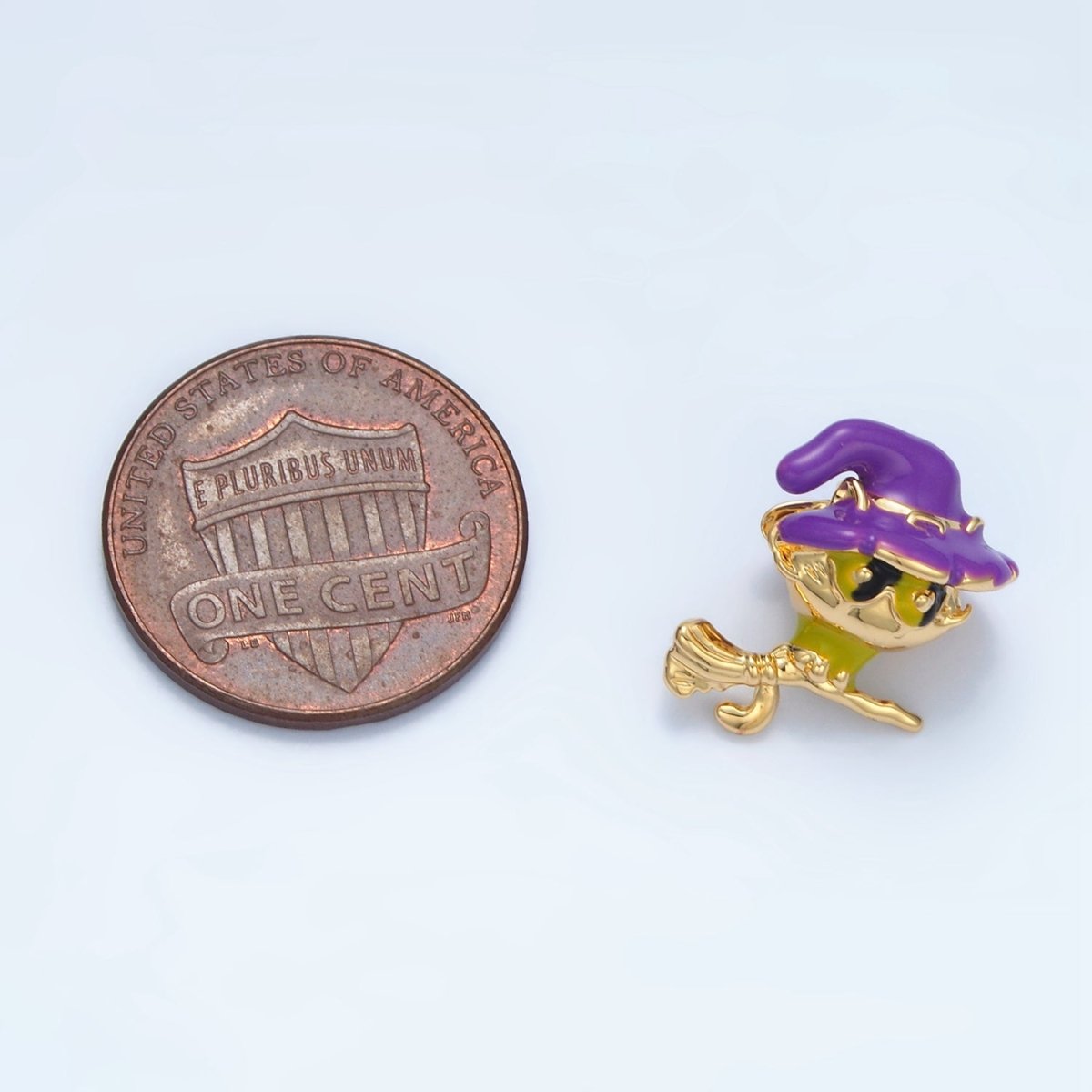 14K Gold Filled 15mm Witch Kitten Cat on Broomstick Enamel Bead | B615 - DLUXCA