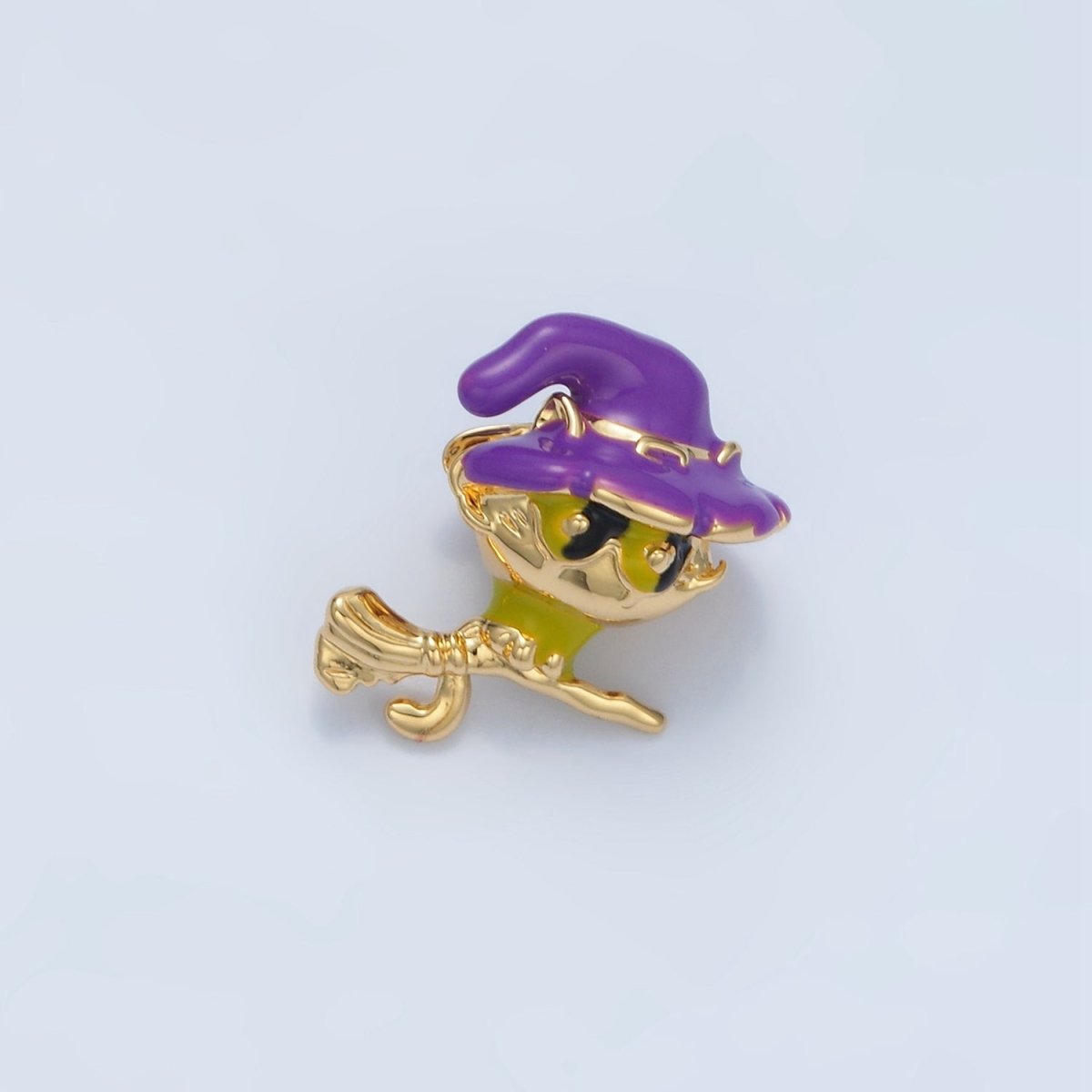 14K Gold Filled 15mm Witch Kitten Cat on Broomstick Enamel Bead | B615 - DLUXCA