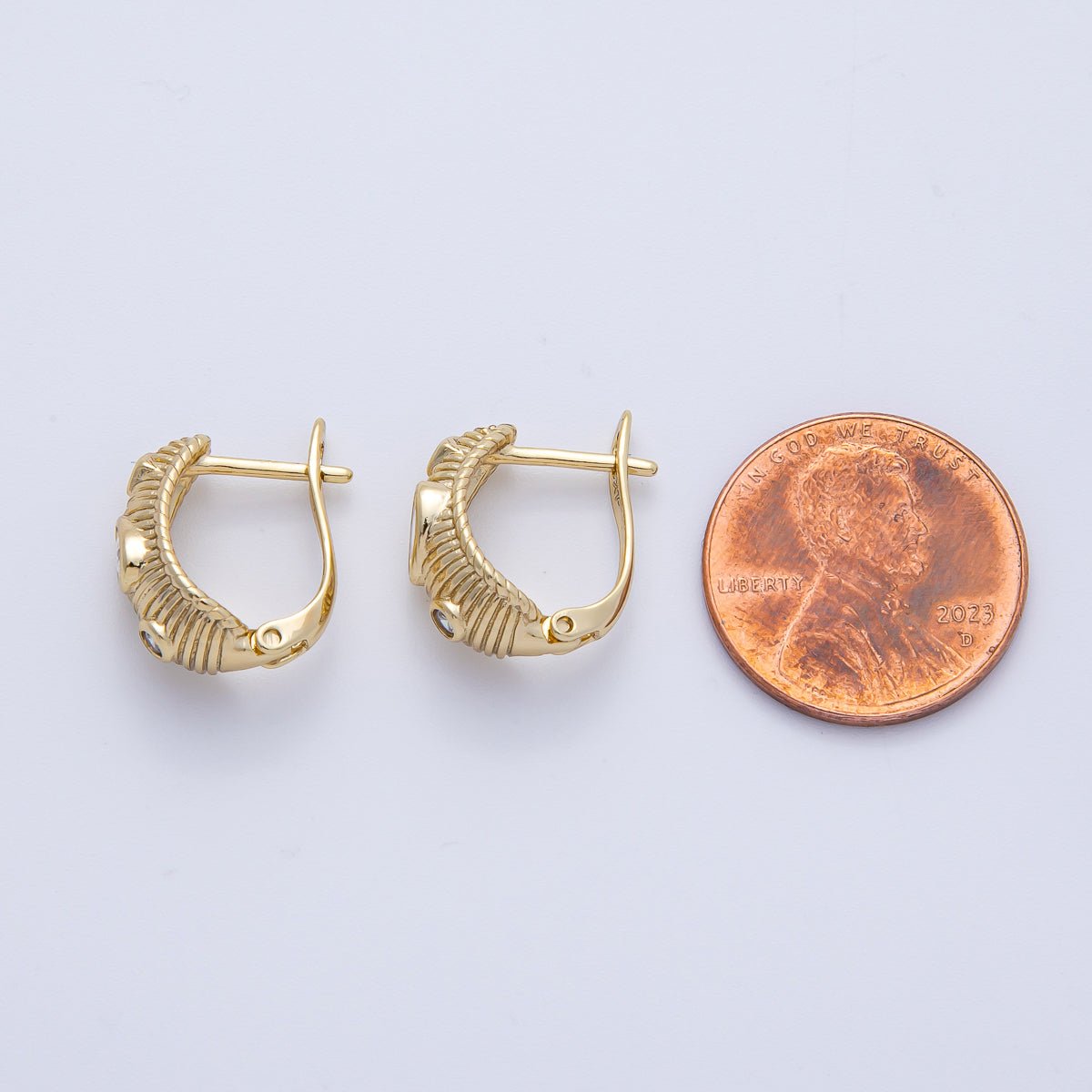 14K Gold Filled 16.5mm Geometric CZ Ribbed Dome English Lock Earrings | Earrings - 00100 - DLUXCA