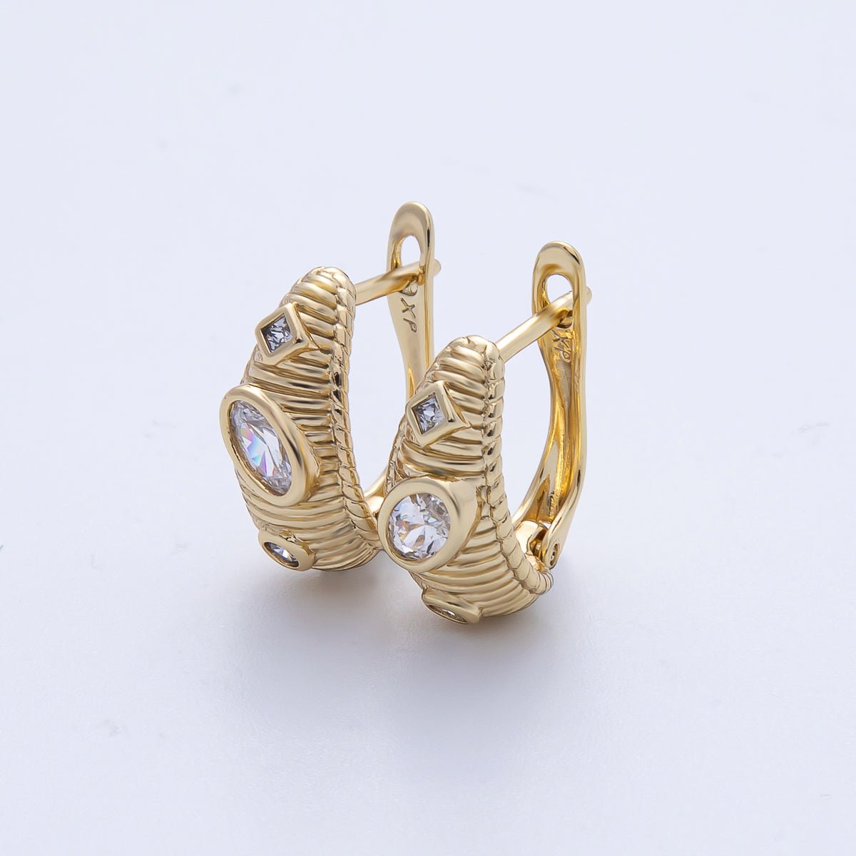 14K Gold Filled 16.5mm Geometric CZ Ribbed Dome English Lock Earrings | Earrings - 00100 - DLUXCA