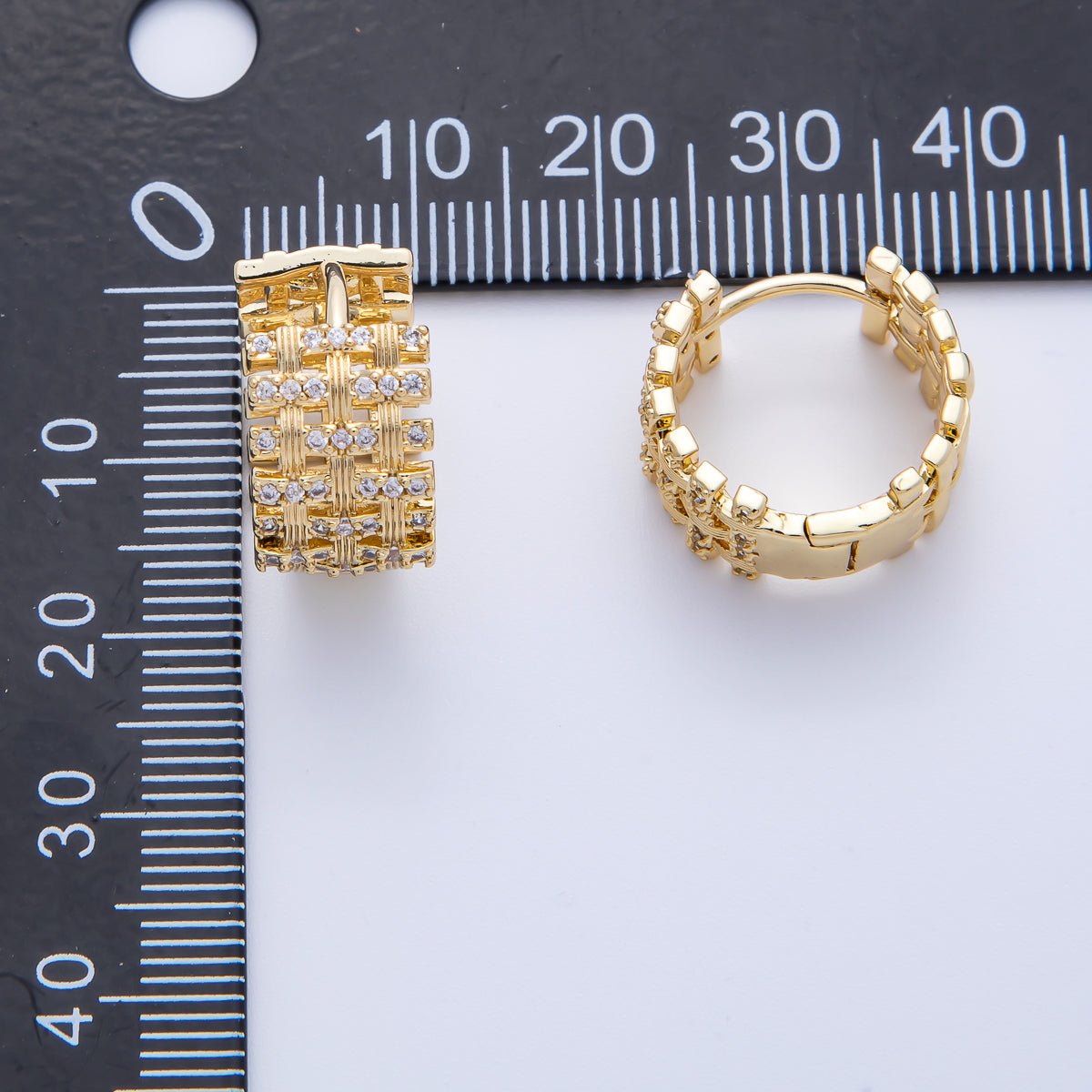 14K Gold Filled 16.5mm Micro Paved CZ Woven Ribbed Huggie Earring in Gold & Silver | EARRINGS - 00006 - 00007 - DLUXCA