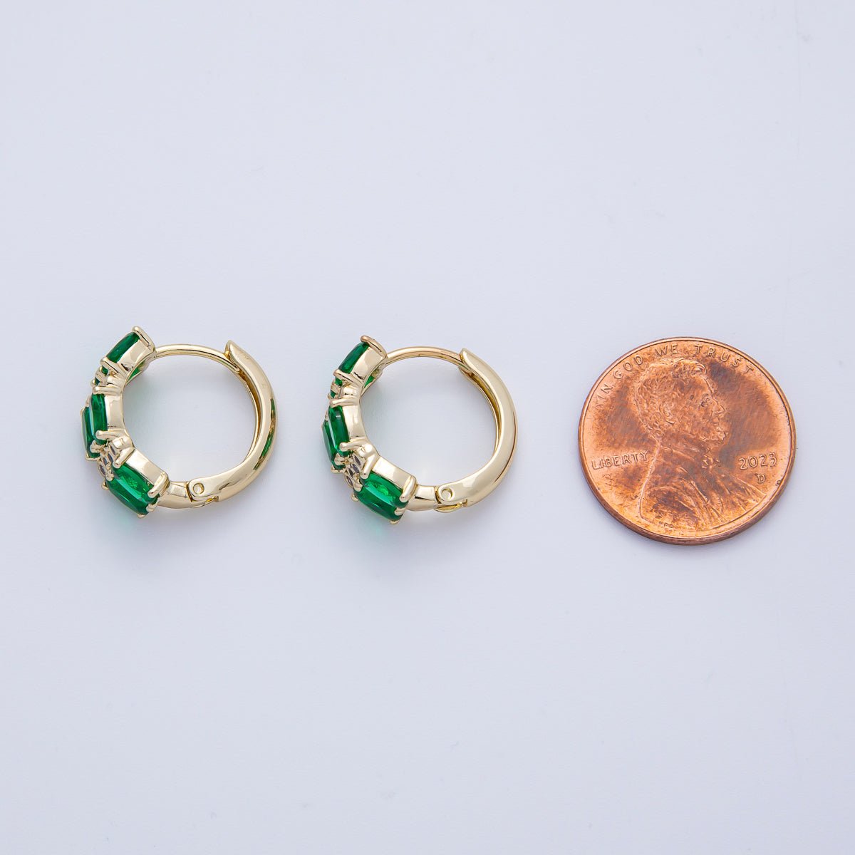 14K Gold Filled 16mm Green CZ Double Oval Huggie Earrings | Earrings - 00092 - DLUXCA