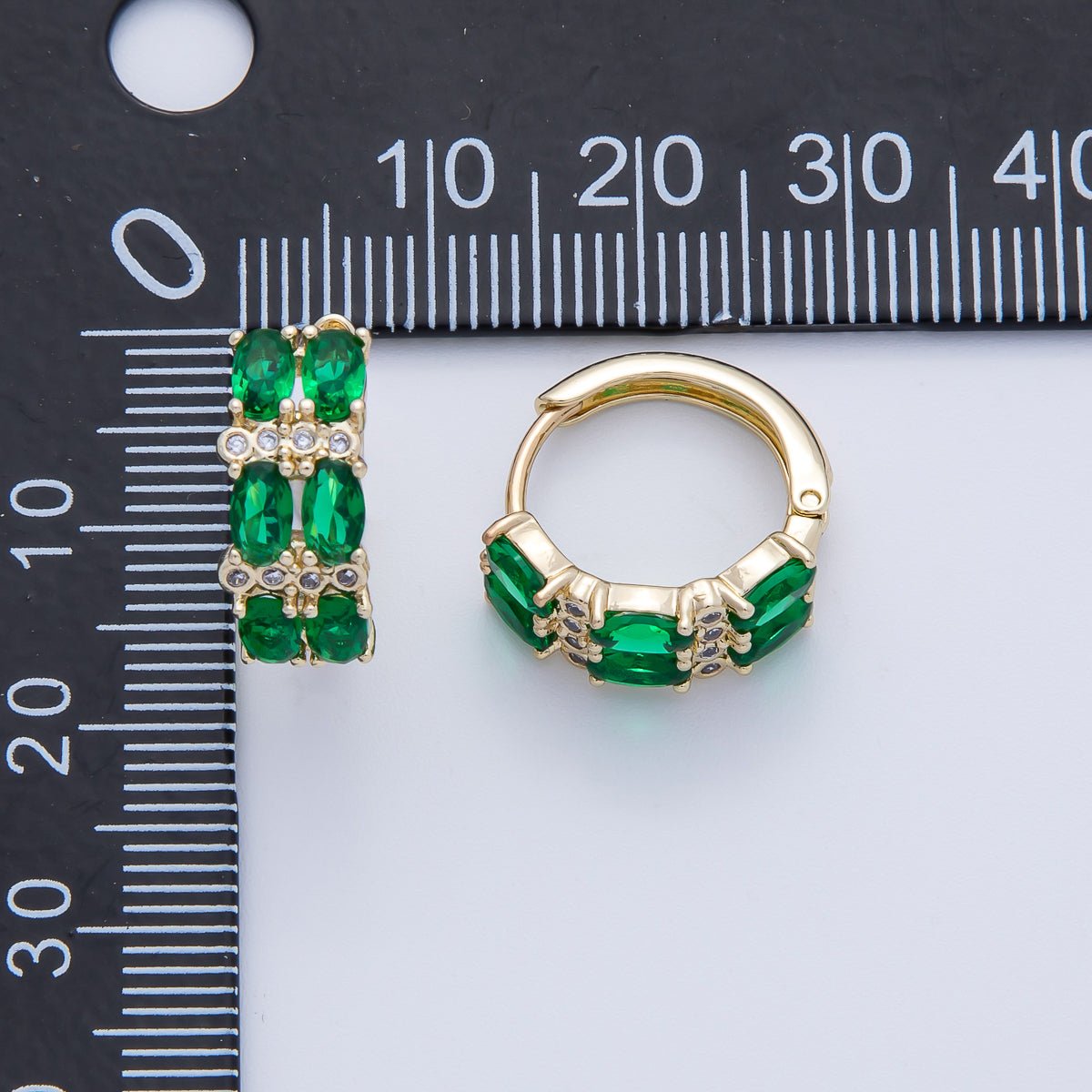 14K Gold Filled 16mm Green CZ Oval Huggie Earrings | Earrings - 00092 - DLUXCA