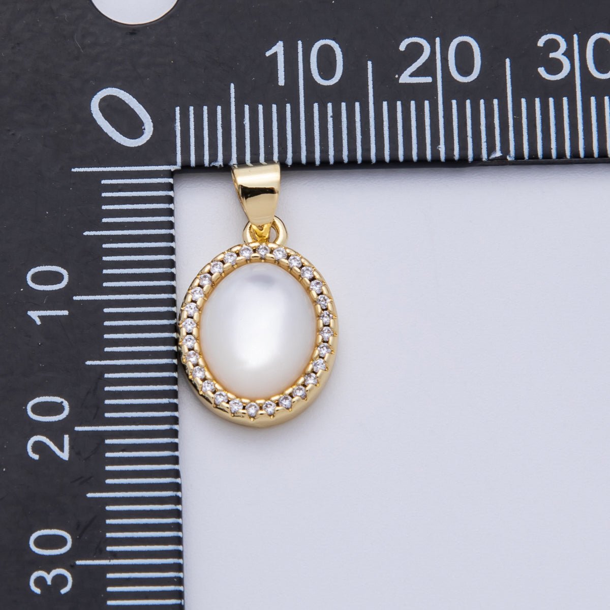 14K Gold Filled 16mm Shell Pearl Cabochon Micro Paved CZ Oval Pendant | AA1510 - DLUXCA