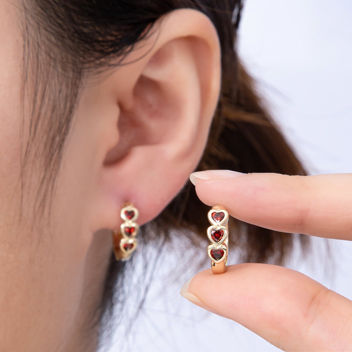 14K Gold Filled 16mm Triple Red CZ Heart Cartilage Huggie Earrings | Earrings - 00168 - DLUXCA