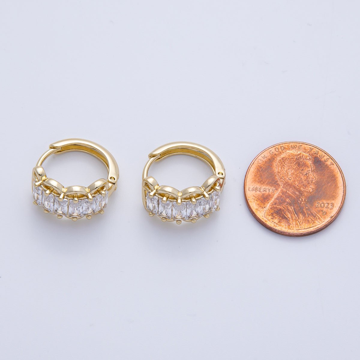 14K Gold Filled 17mm Clear CZ Baguette Rounded Huggie Earrings | EARRINGS - 00087 - DLUXCA