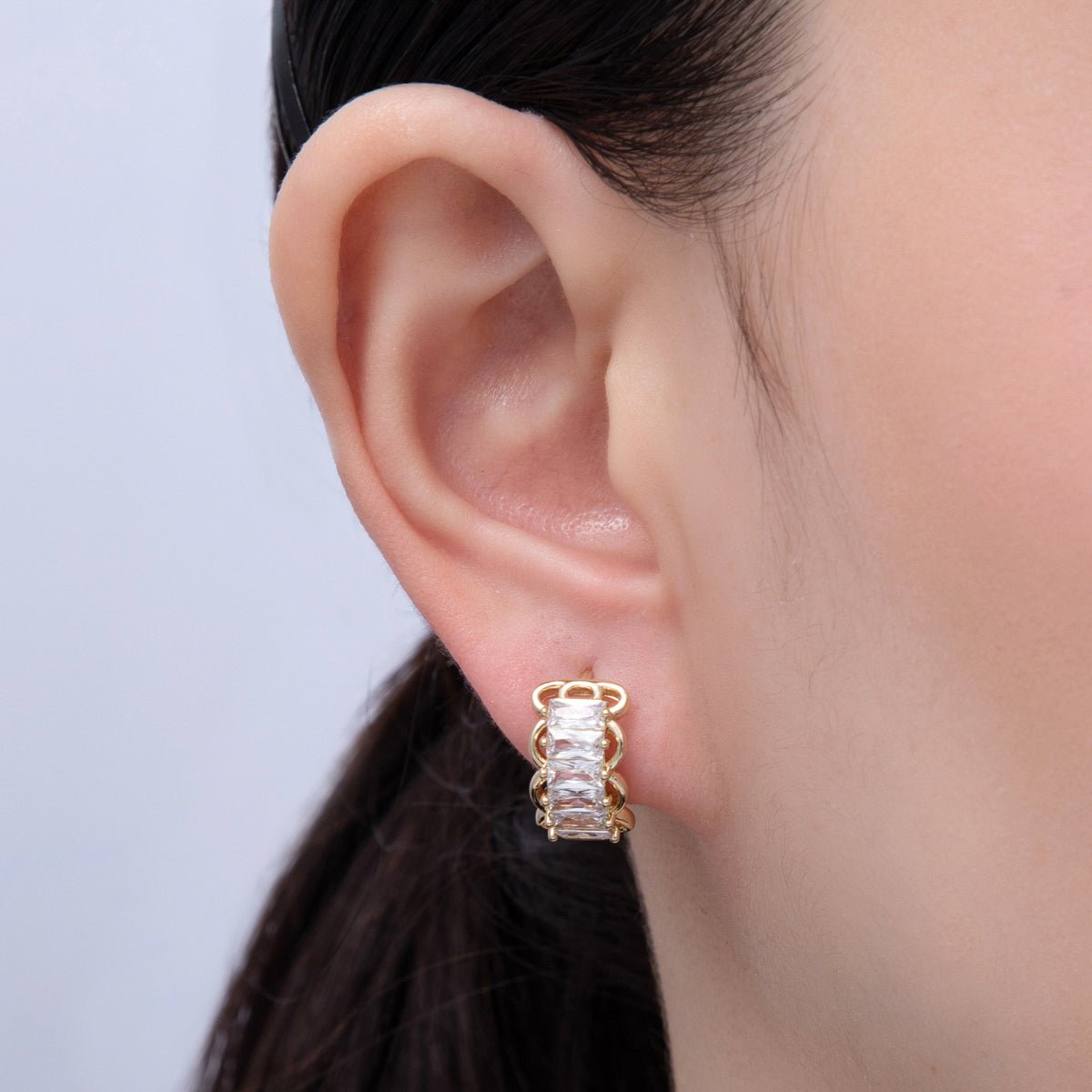14K Gold Filled 17mm Clear CZ Baguette Rounded Huggie Earrings | EARRINGS - 00087 - DLUXCA
