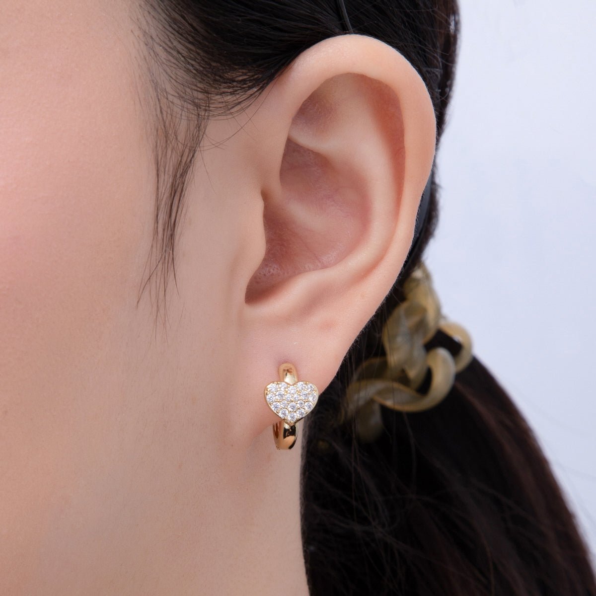 14K Gold Filled 17mm Micro Paved CZ Heart Cartilage Huggie Earrings | Earrings - 00066 - DLUXCA