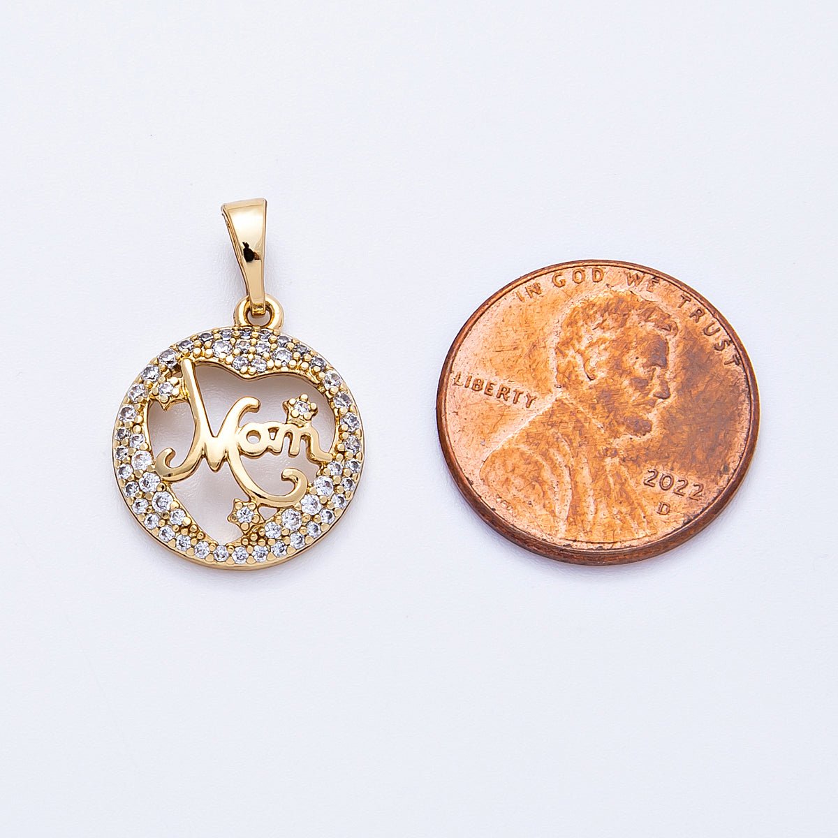 14K Gold Filled 17mm Micro Paved CZ "MOM" Open Round Charm | Charms - 000329 - DLUXCA