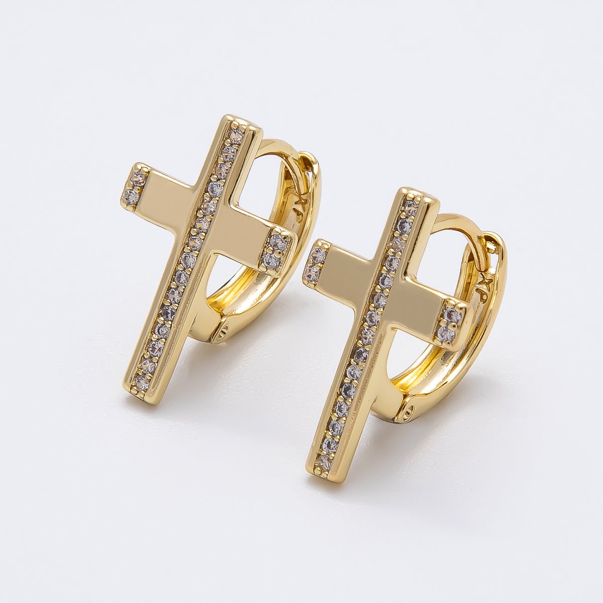 14K Gold Filled 17mm Micro Paved CZ Religious Cross Huggie Earrings | Earrings - 00266 - DLUXCA
