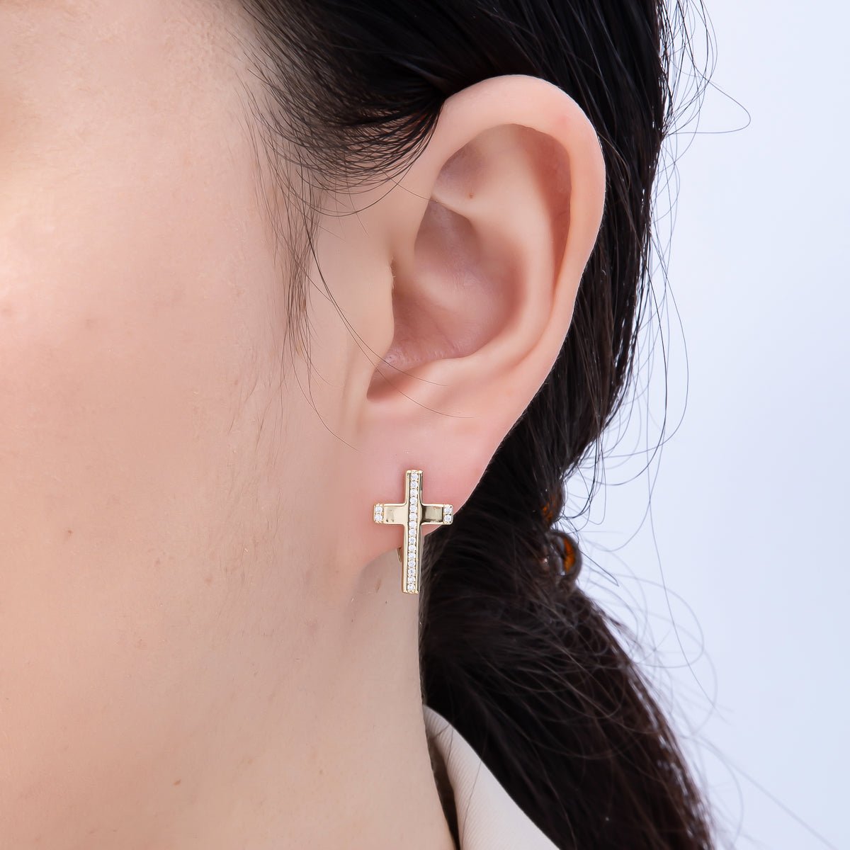 14K Gold Filled 17mm Micro Paved CZ Religious Cross Huggie Earrings | Earrings - 00266 - DLUXCA