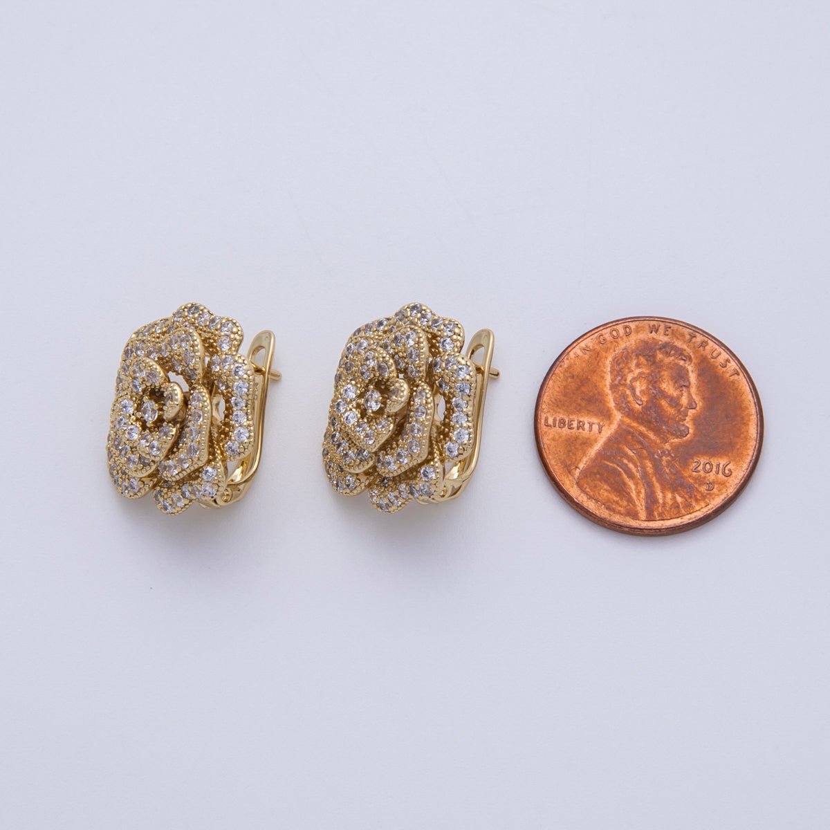 14K Gold Filled 17mm Micro Paved CZ Rose Flower English Lock Hoop Earrings | Earrings - 00134 - DLUXCA