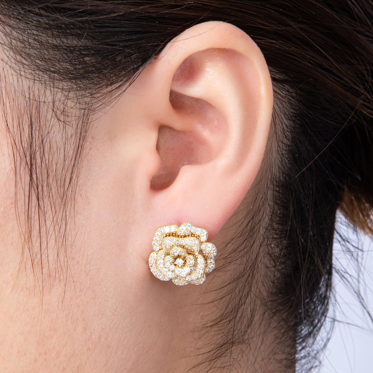 14K Gold Filled 17mm Micro Paved CZ Rose Flower English Lock Hoop Earrings | Earrings - 00134 - DLUXCA