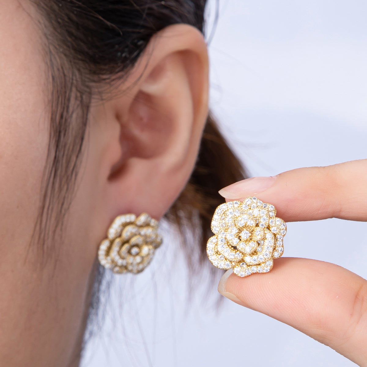 14K Gold Filled 17mm Micro Paved CZ Rose Flower English Lock Hoop Earrings | Earrings - 00134 - DLUXCA