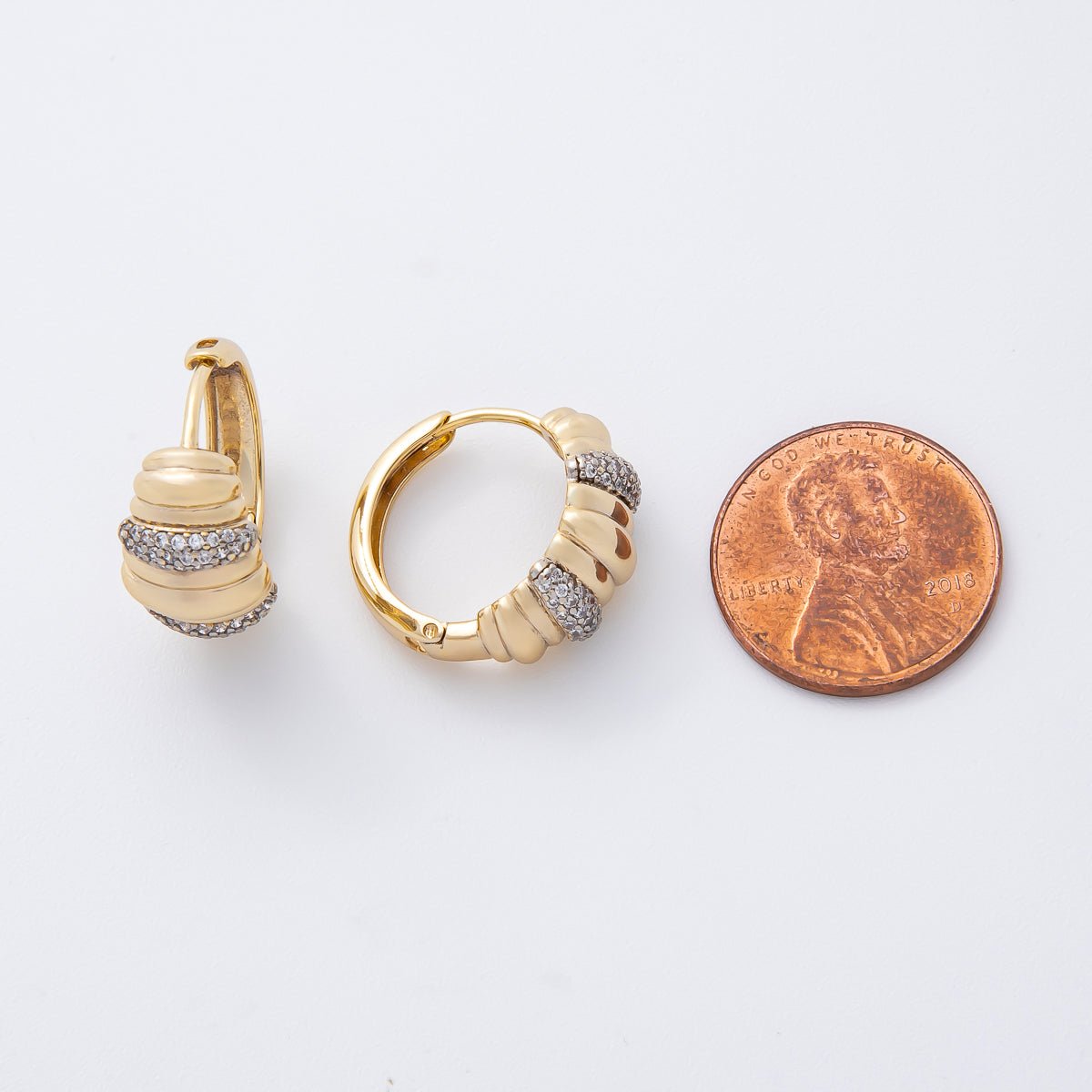 14K Gold Filled 17mm Mixed Metal Croissant Micro Paved CZ Hoop Earrings | AJ248 - DLUXCA