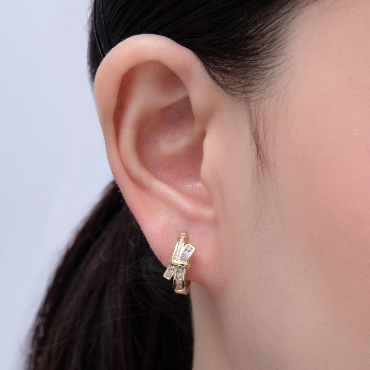 14K Gold Filled 18mm Baguette Micro Paved CZ Ribbed Knot Tied Huggie Earrings | Earrings - 00065 - DLUXCA