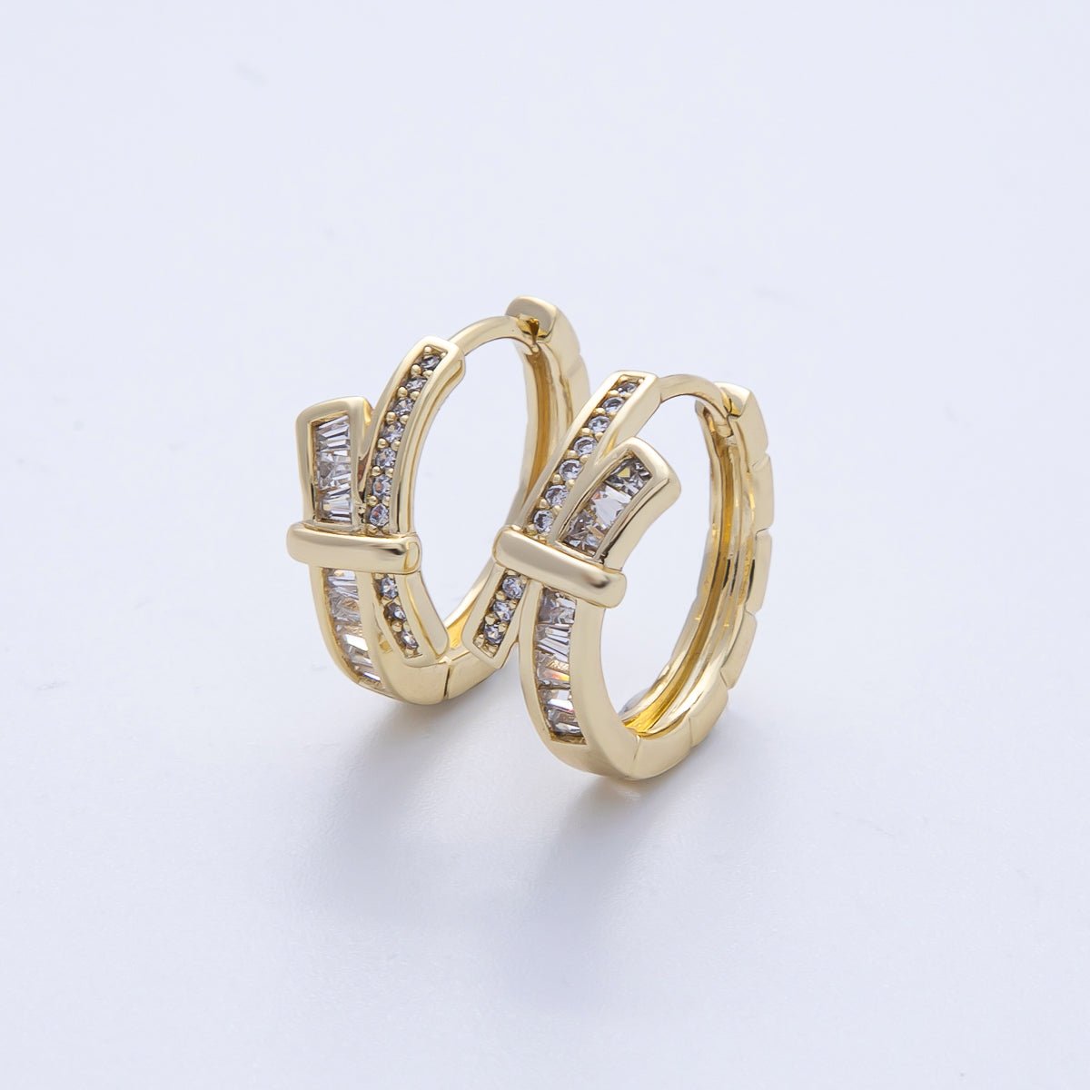 14K Gold Filled 18mm Baguette Micro Paved CZ Ribbed Knot Tied Huggie Earrings | Earrings - 00065 - DLUXCA