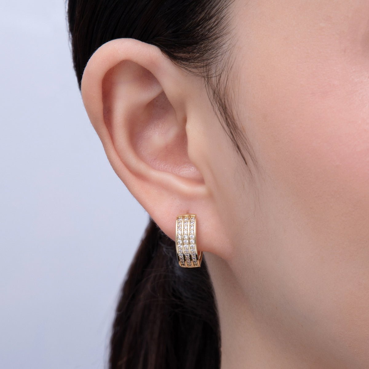 14K Gold Filled 18mm Triple Micro Paved CZ Huggie Earrings | Earrings - 00091 - DLUXCA