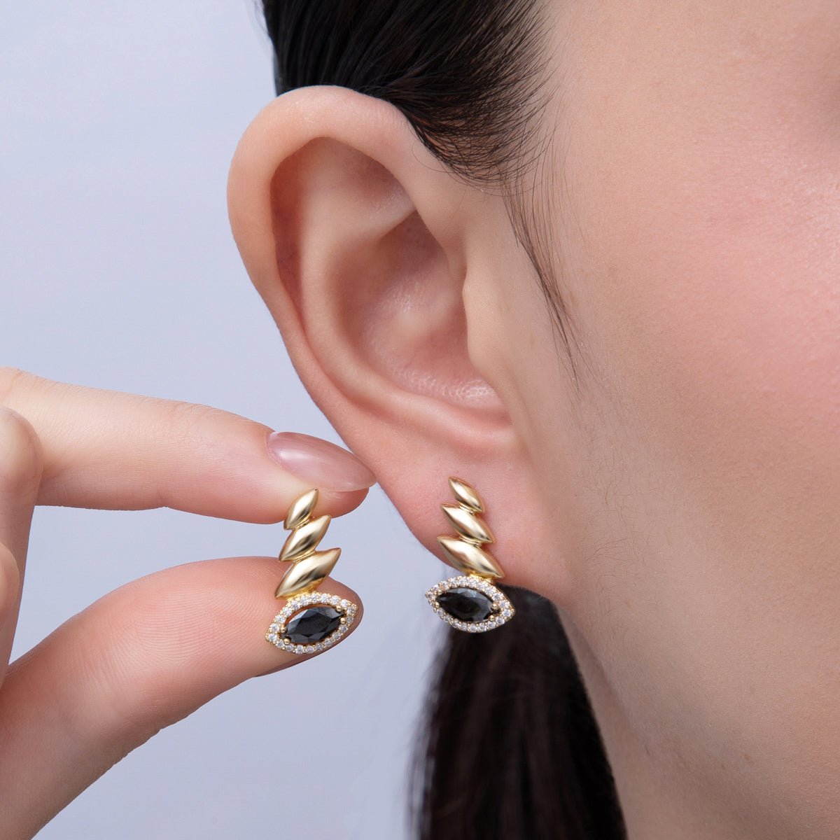 14K Gold Filled 19.3mm Black, Green, Clear Marquise Micro Paved CZ Teardrop English Lock Hoop Earrings | Earrings - 00076 Earrings - 00077 Earrings - 00089 - DLUXCA