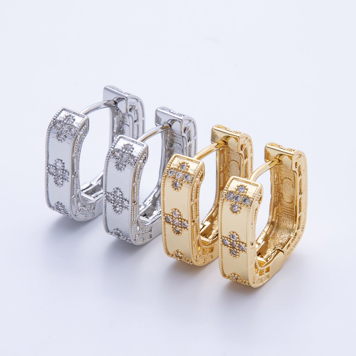 14K Gold Filled 19.5mm Flower CZ Square Hoop Earrings in Gold & Silver | Earr - 00017 Earr - 00018 - DLUXCA