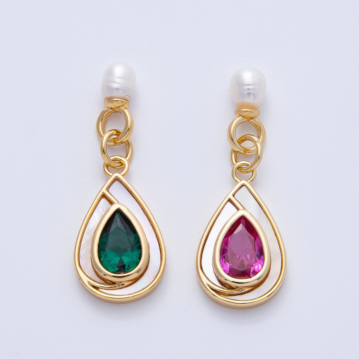 14K Gold Filled 19.5mm Pink, Green CZ Shell Pearl Drop Findings | Findings - 400002 - DLUXCA