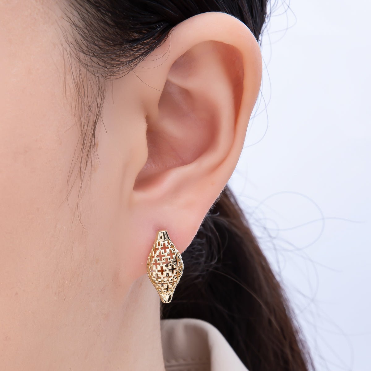 14K Gold Filled 19mm Cross Filigree Open English Lock Hoop Earrings | Earrings - 00357 - DLUXCA