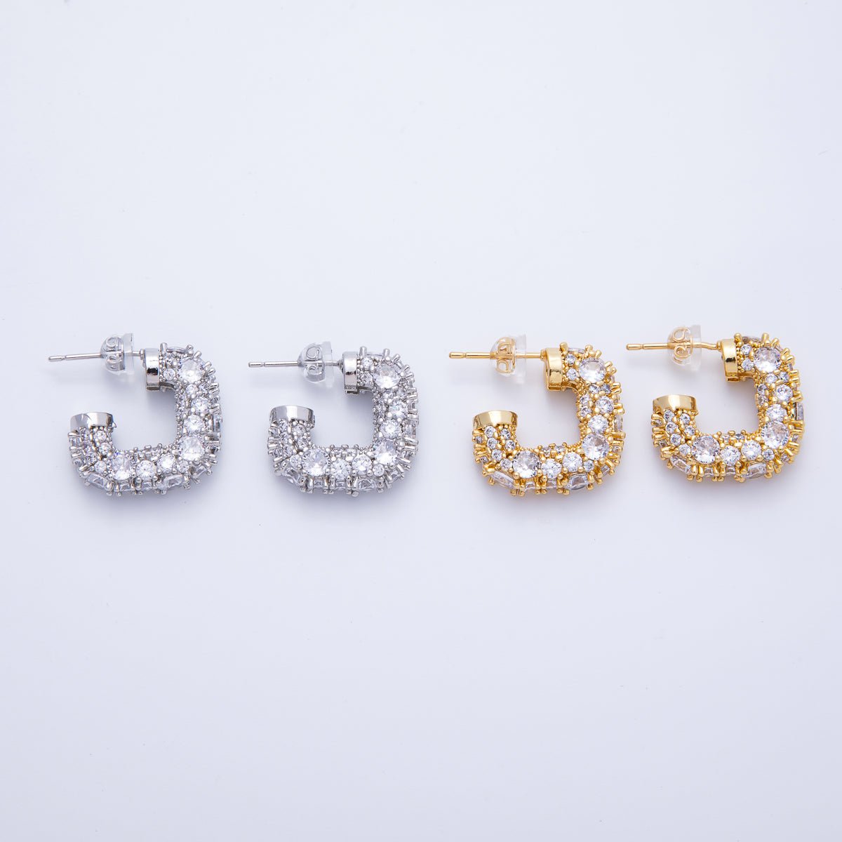14K Gold Filled 19mm Micro Paved CZ Square J - Shaped Hoop Earrings in Gold & Silver | Earr - 00015 Earr - 00016 - DLUXCA