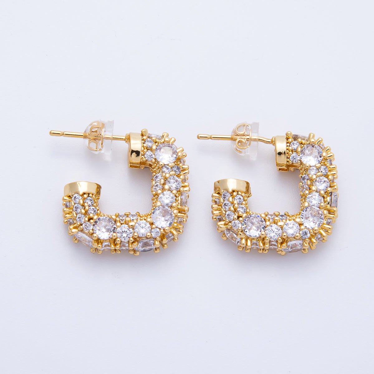 14K Gold Filled 19mm Micro Paved CZ Square J - Shaped Hoop Earrings in Gold & Silver | Earr - 00015 Earr - 00016 - DLUXCA