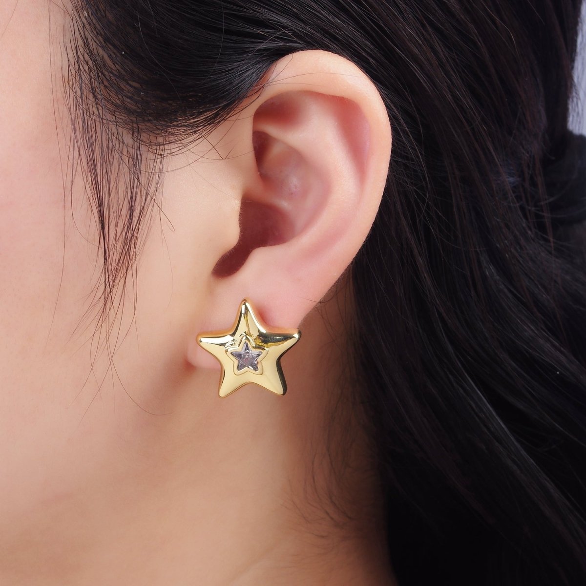 14K Gold Filled 20mm Clear CZ Celestial Star Dome Stud Earrings | P510 - DLUXCA