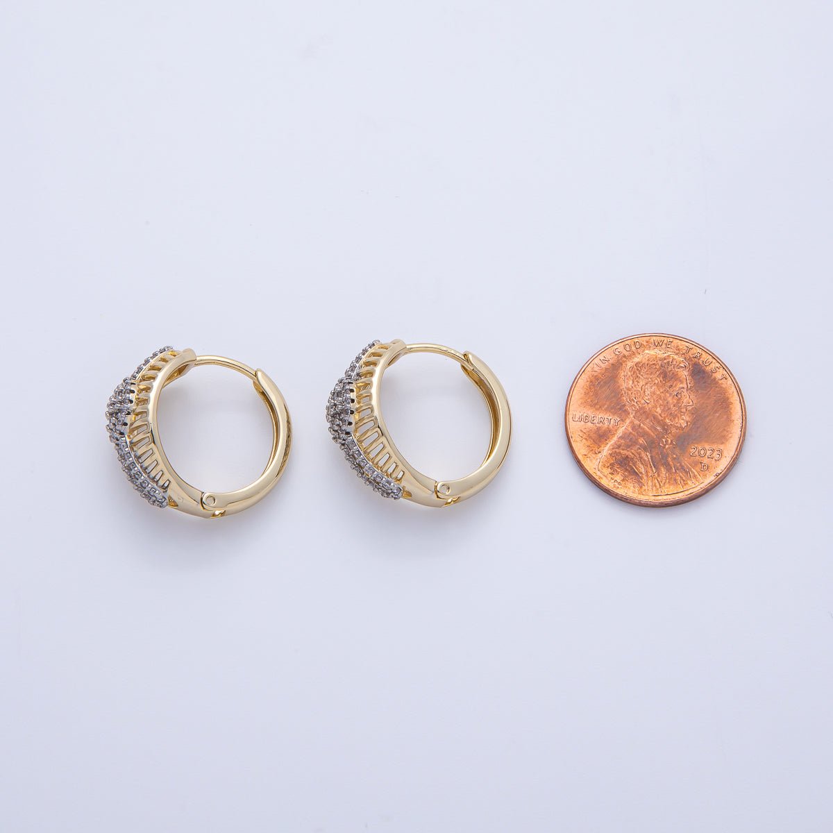 14K Gold Filled 20mm Mixed Metal Micro Paved CZ Filigree Open Huggie Earrings | Earrings - 00079 - DLUXCA