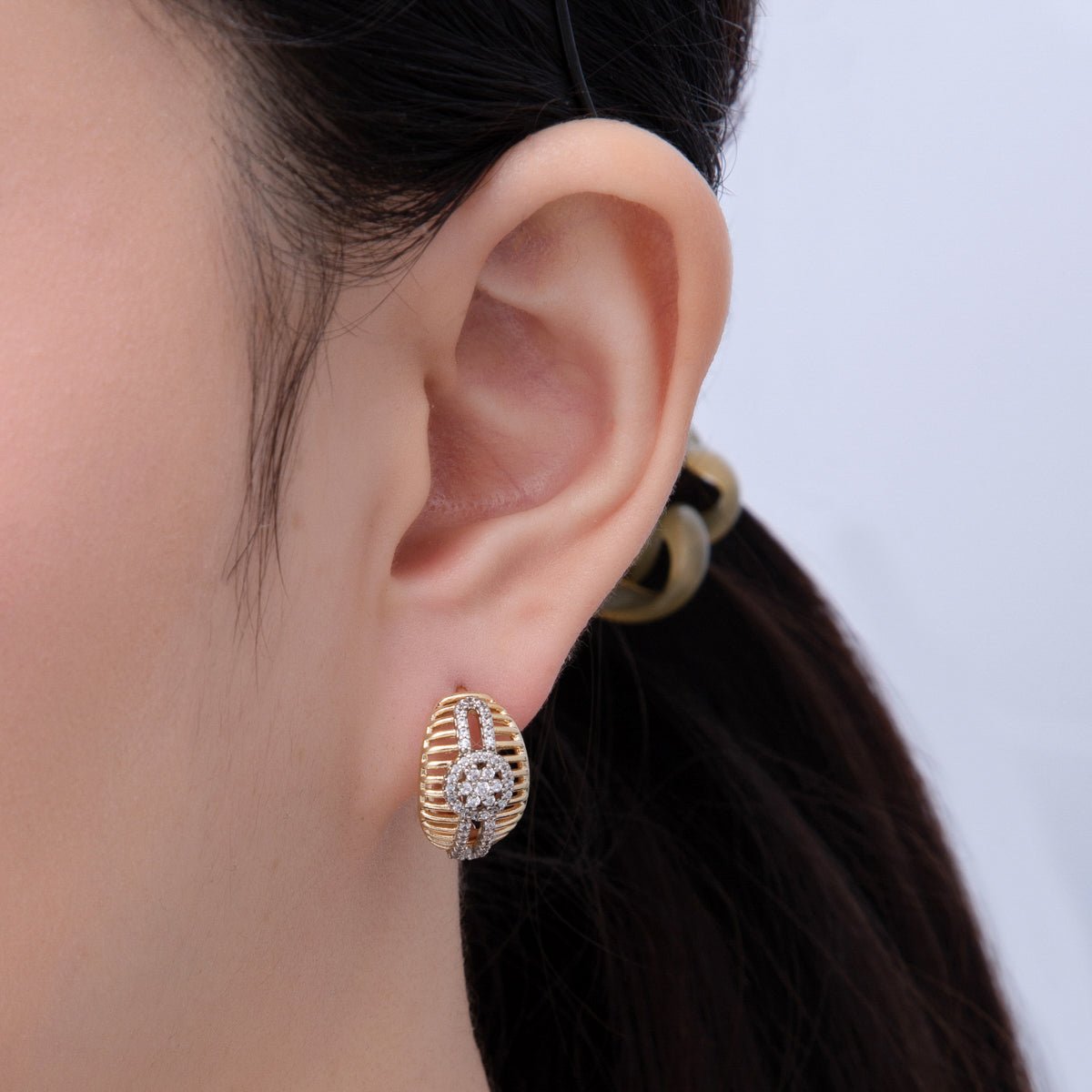 14K Gold Filled 20mm Mixed Metal Micro Paved CZ Filigree Open Huggie Earrings | Earrings - 00079 - DLUXCA