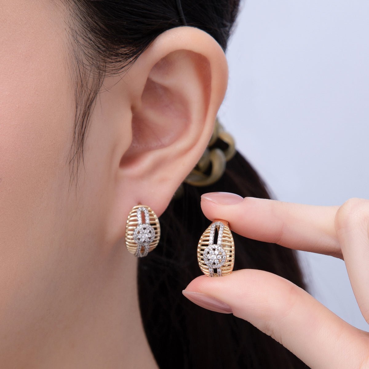14K Gold Filled 20mm Mixed Metal Micro Paved CZ Filigree Open Huggie Earrings | Earrings - 00079 - DLUXCA