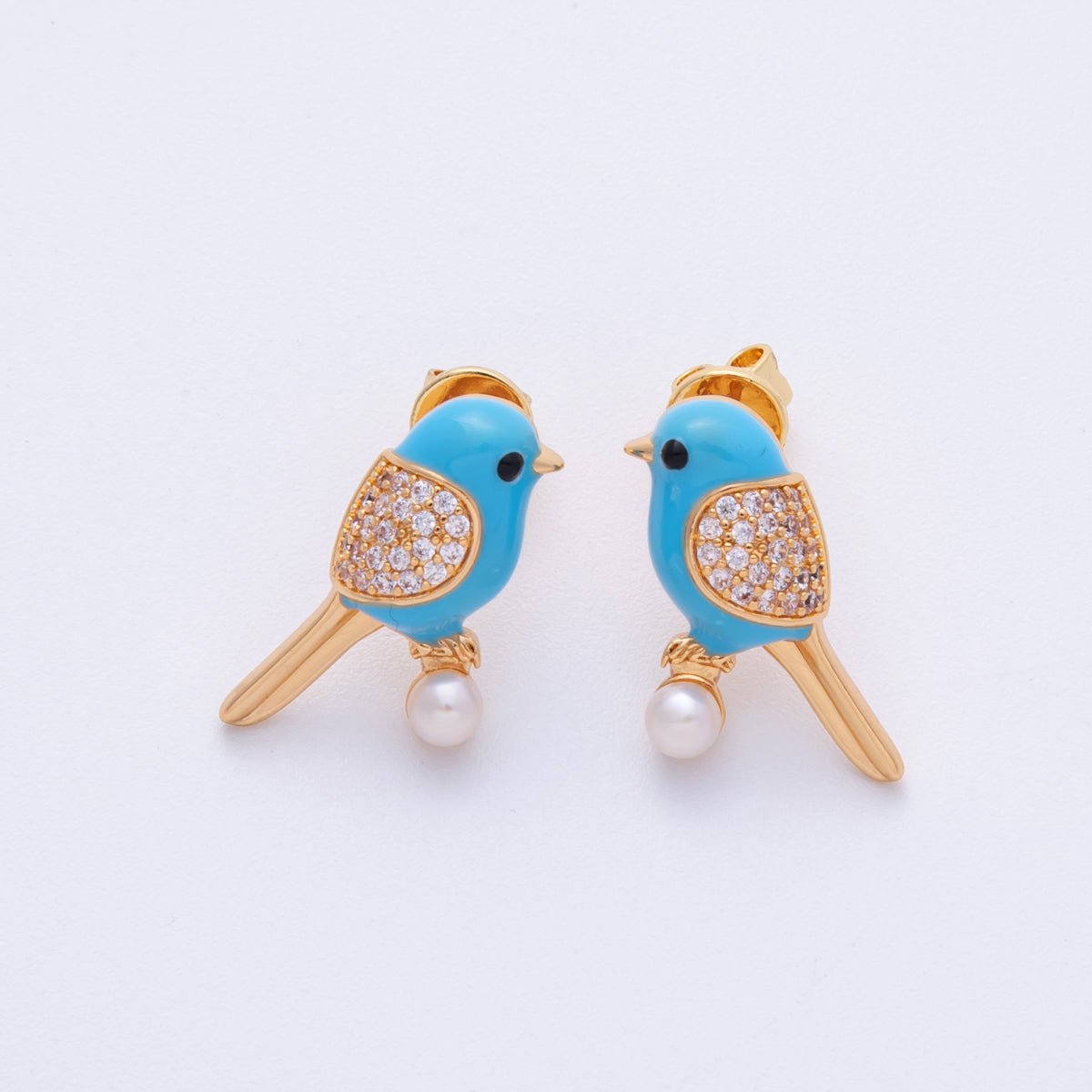 14K Gold Filled 21.5mm Blue Enamel Micro Paved CZ Parrot Bird Stud Earrings | EARRINGS - 00013 - DLUXCA
