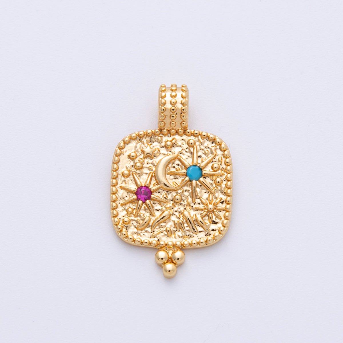 14K Gold Filled 21mm Colorful Moon And Star CZ Celestial Textured Pendant | CHARMS - 00077 - DLUXCA