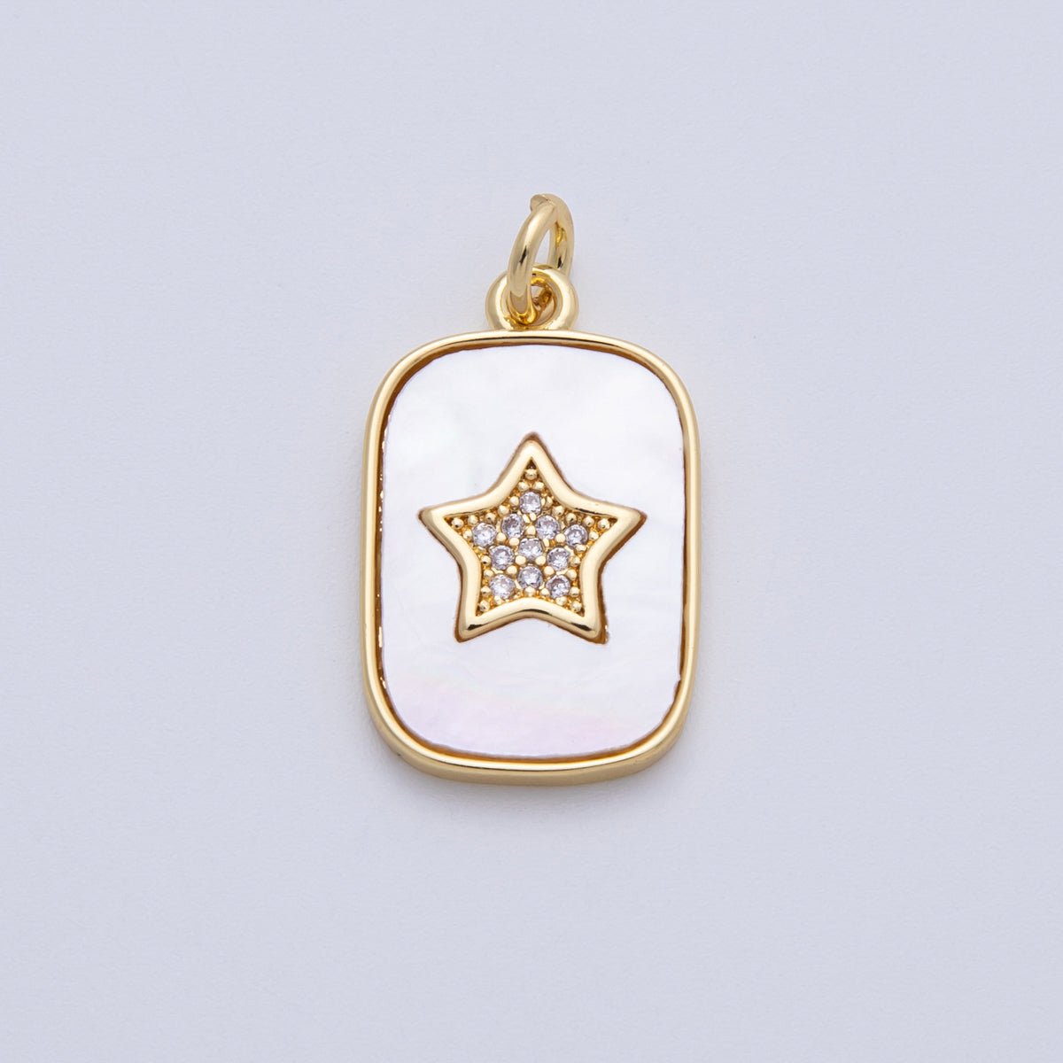 14K Gold Filled 21mm Micro Paved CZ Star Shell Pearl Rectangle Charm | C977 - DLUXCA
