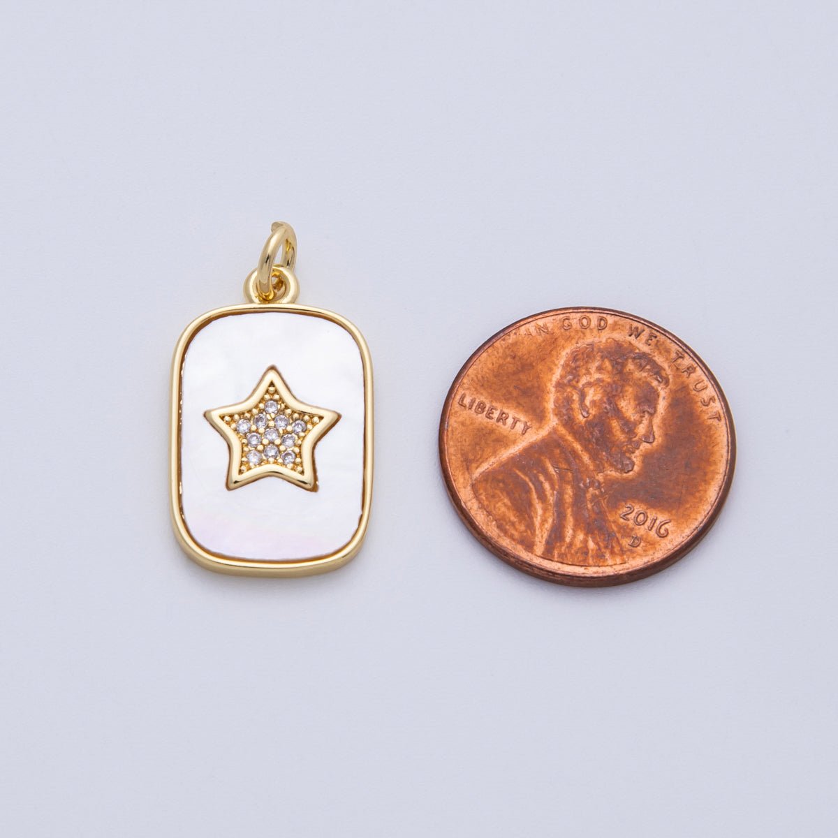 14K Gold Filled 21mm Micro Paved CZ Star Shell Pearl Rectangle Charm | C977 - DLUXCA