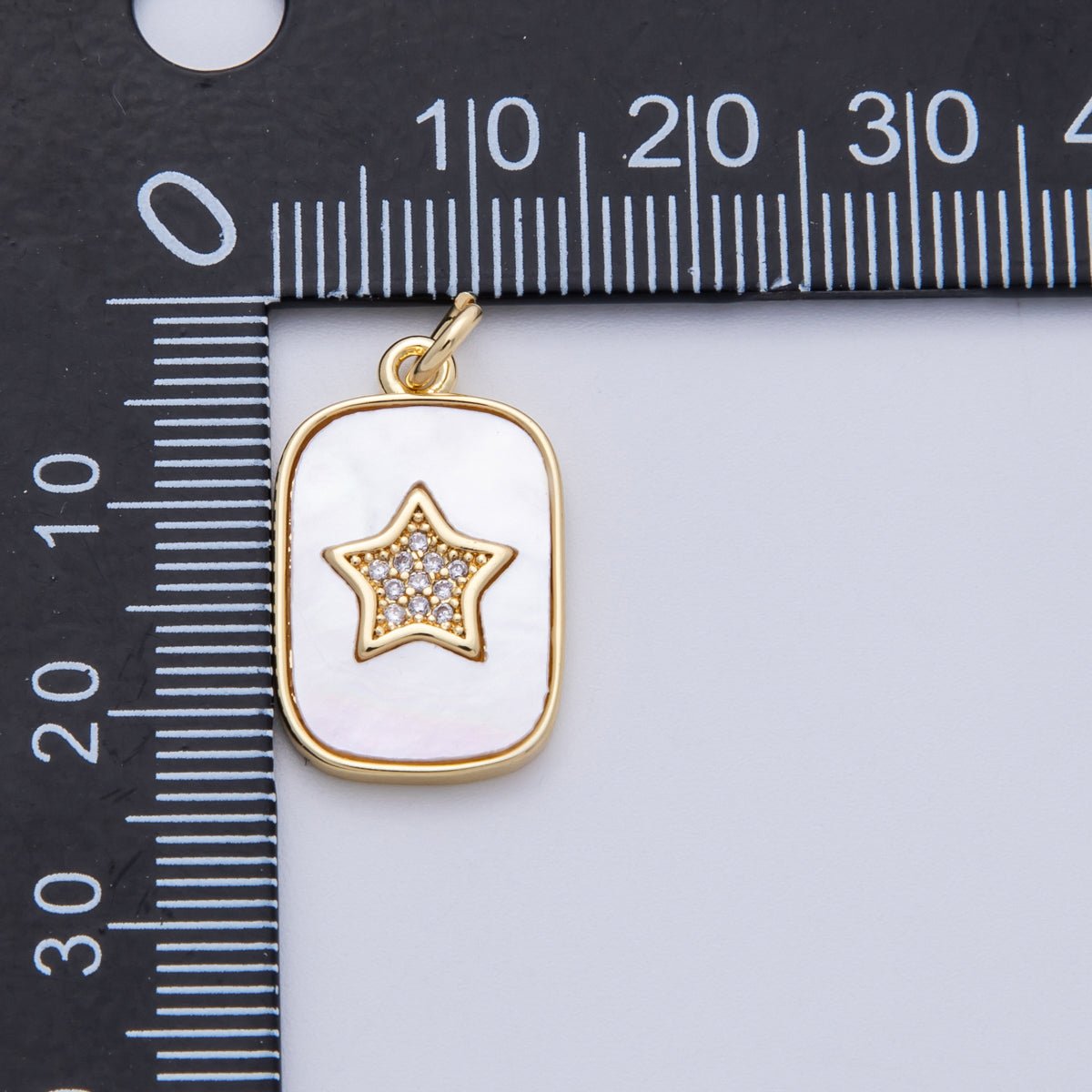 14K Gold Filled 21mm Micro Paved CZ Star Shell Pearl Rectangle Charm | C977 - DLUXCA
