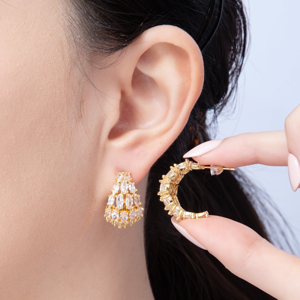 14K Gold Filled 22.5mm Clear CZ Marquise C - Shaped Hoop Earrings in Gold & Silver | EARRINGS - 00008 - 00009 - DLUXCA
