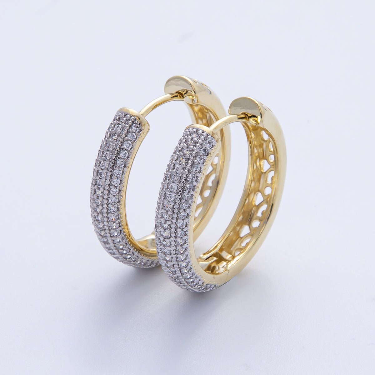 14K Gold Filled 22.5mm Filigree Micro Paved CZ Mixed Metal Hoop Earrings | Earrings - 00070 - DLUXCA