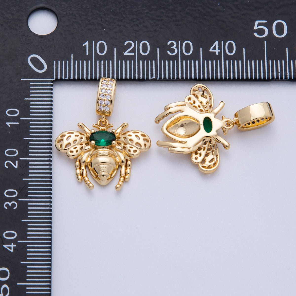 14K Gold Filled 22mm Green Micro Paved CZ Bumble Bee Insect Pendant | Charms - 00089 - DLUXCA