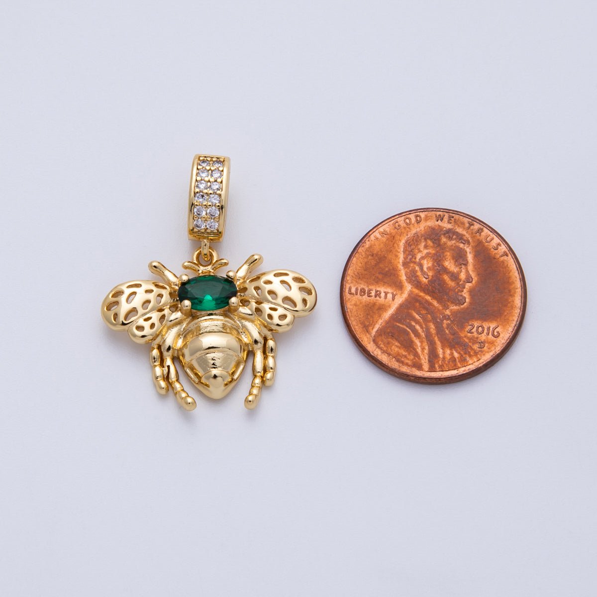 14K Gold Filled 22mm Green Micro Paved CZ Bumble Bee Insect Pendant | Charms - 00089 - DLUXCA