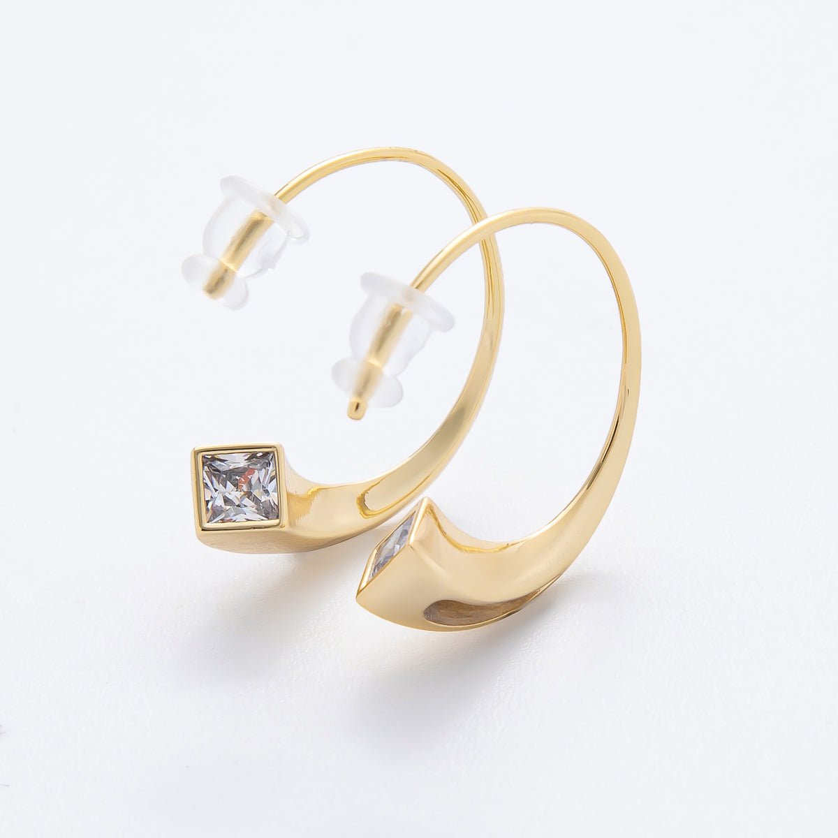 14K Gold Filled 23mm Clear CZ Square Rhombus Curl C - Shaped French Hook Earrings | AJ234 - DLUXCA