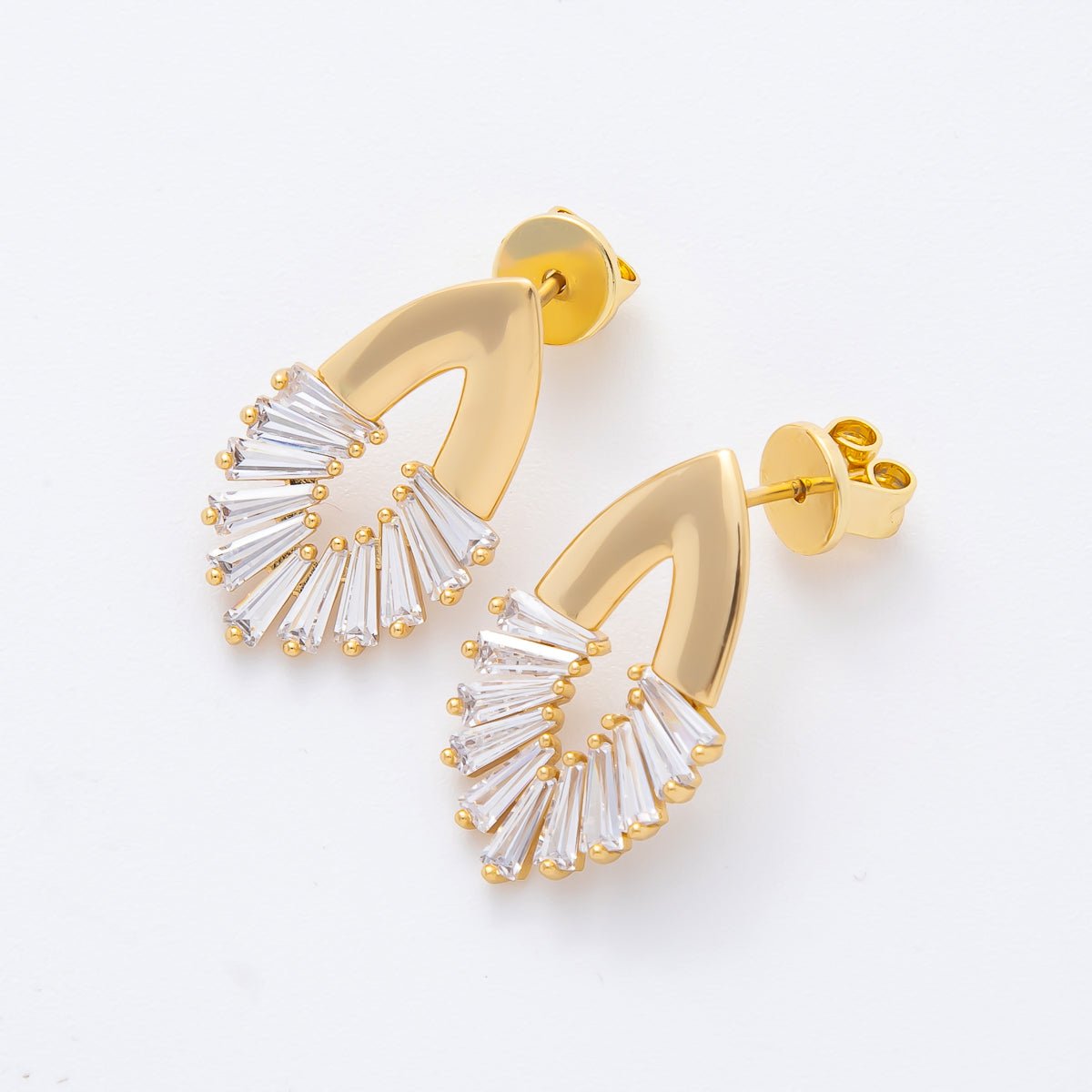 14K Gold Filled 23mm Clear CZ Triangle Baguette Open Navette Geometric Stud Earrings | AJ242 - DLUXCA