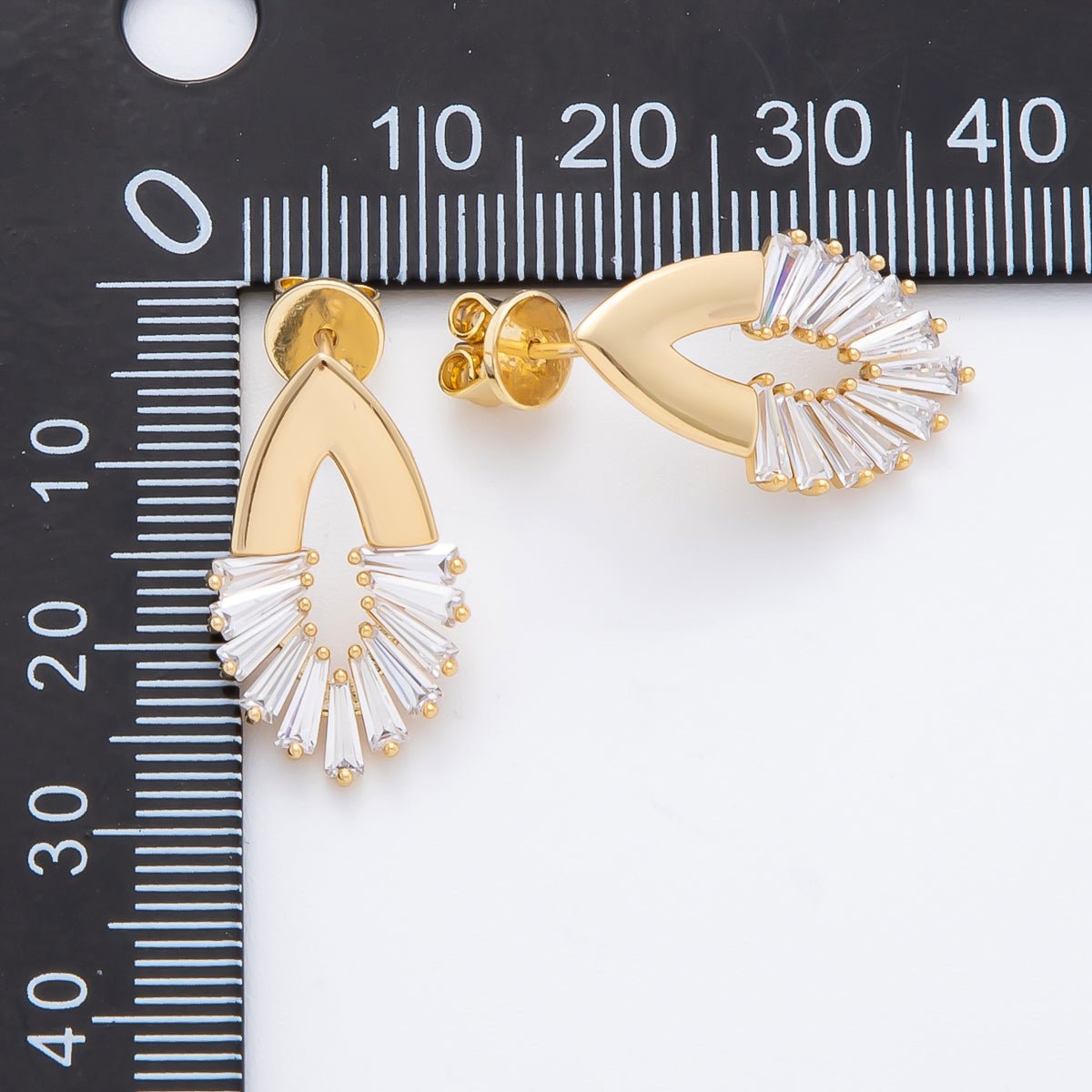 14K Gold Filled 23mm Clear CZ Triangle Baguette Open Navette Geometric Stud Earrings | AJ242 - DLUXCA