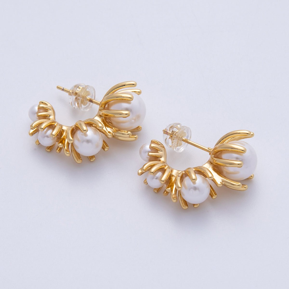 14K Gold Filled 23mm Curved Ribbed with Pearls J - Hoop Earrings | EARRINGS - 00044 - DLUXCA