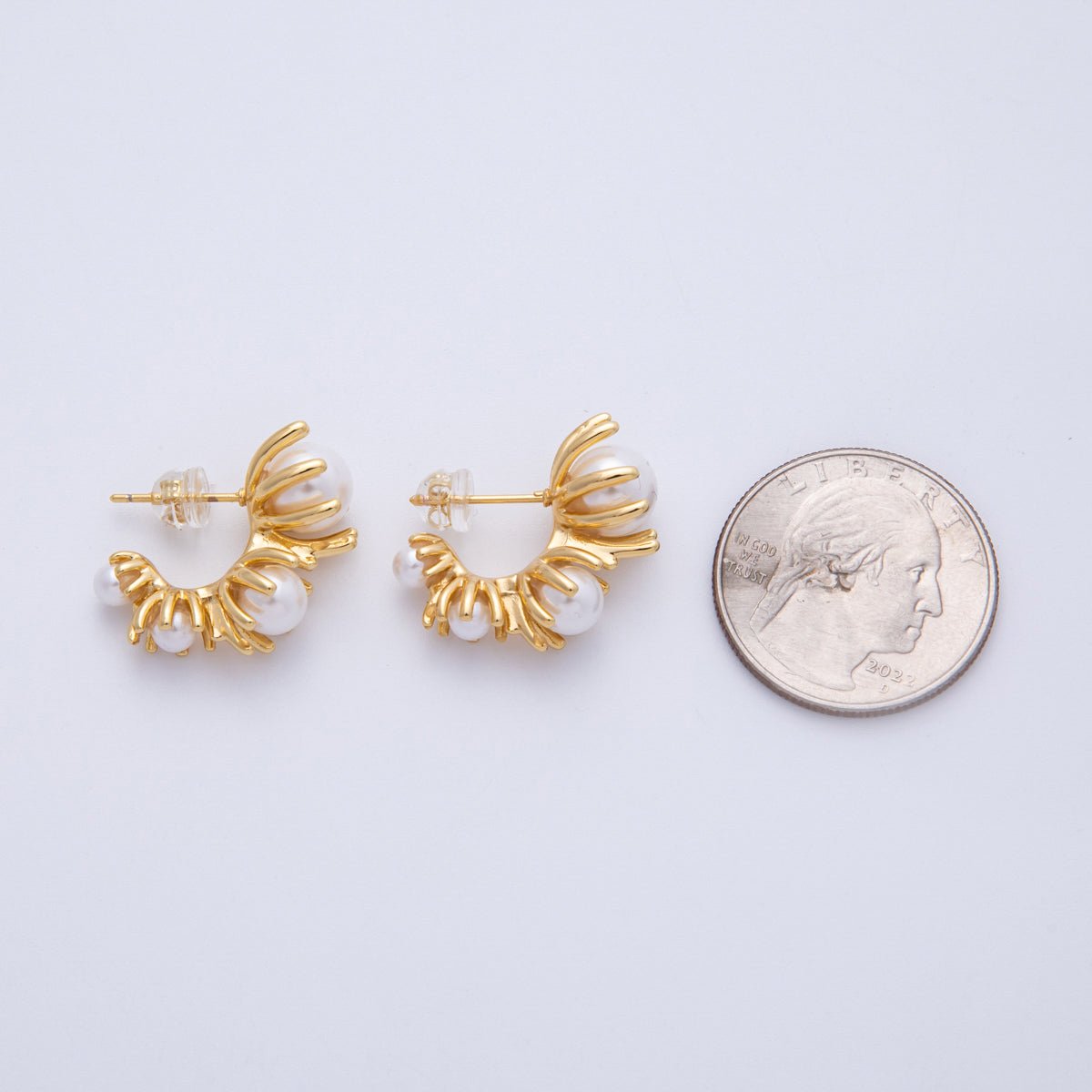 14K Gold Filled 23mm Curved Ribbed with Pearls J - Hoop Earrings | EARRINGS - 00044 - DLUXCA